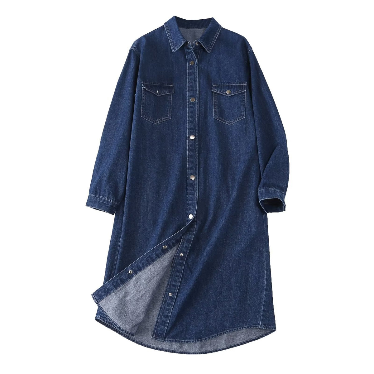 Damen Denim Hemdblusenkleid mit knöpfbarem Frontdesign und praktischen Taschen EB