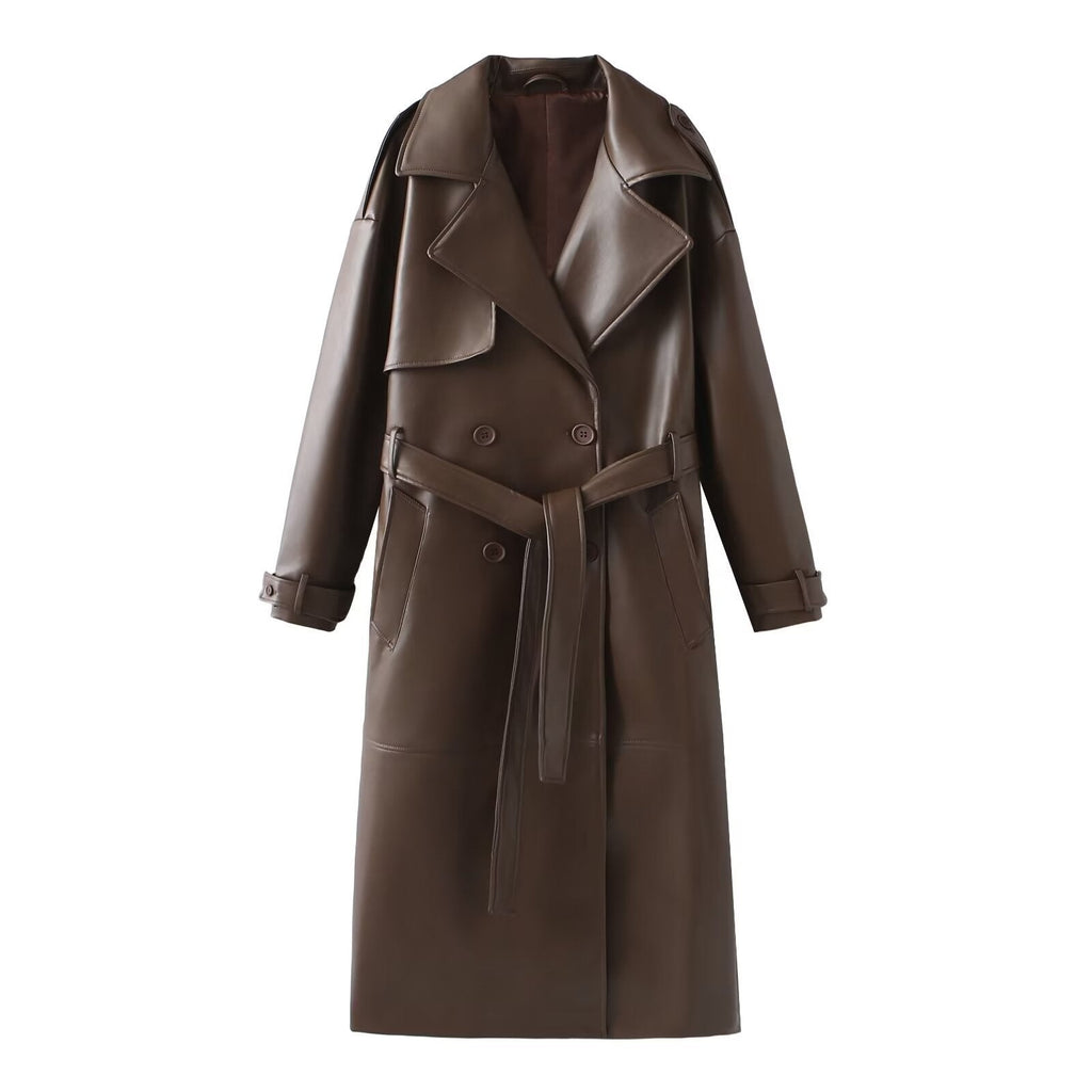 Damen Kunstleder-Trenchcoat mit elegantem Schnitt und taillierbarem Gürtel EB