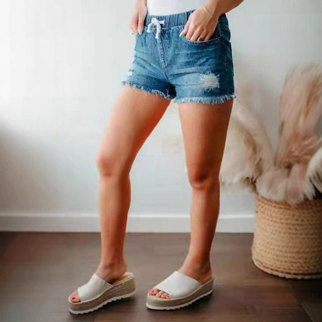 Damen Denim-Shorts mit elastischem Bund und modischen Destroyed-Elementen EB