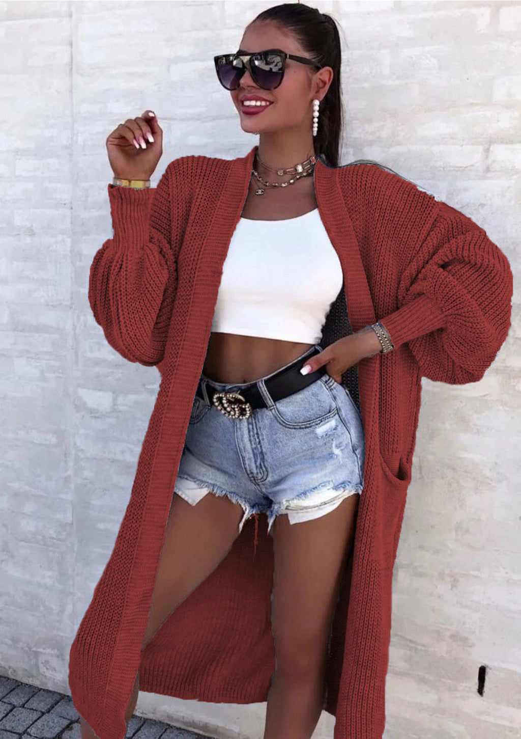 Damen Langer Strickmantel mit oversized Ärmeln und praktischen Taschen EB