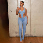 Damen Cut-Out Bodycon Overall mit tiefem V-Ausschnitt und transparenter Häkelstruktur EB
