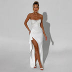 Damen Elegantes Abendkleid mit schimmerndem Oberteil und hohem Schlitz EB