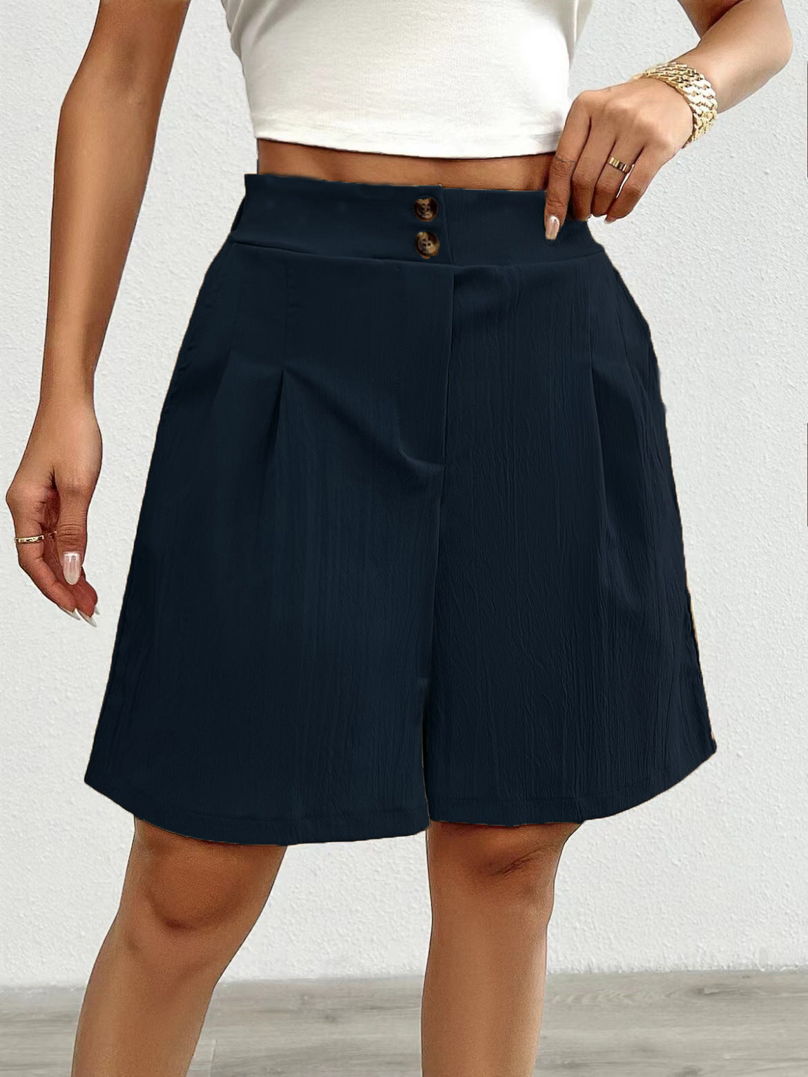 Damen Hochtaillierte Shorts mit doppeltem Knopfverschluss und Falten EB