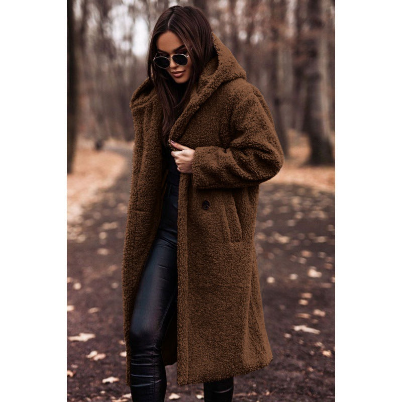 Damen kuscheliger Fleece-Mantel mit Kapuze und praktischen Taschen EB