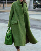 Damen nan Cape-ähnlicher doppelreihiger Wollmantel mit weitem Fall, hohem Stehkragen und Pattentaschen EB