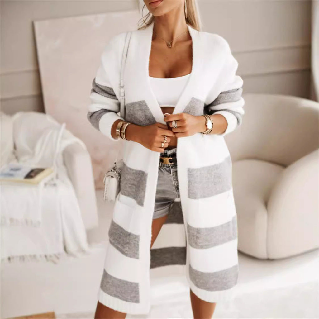 Damen lässiger Strickmantel mit großen Streifen EB