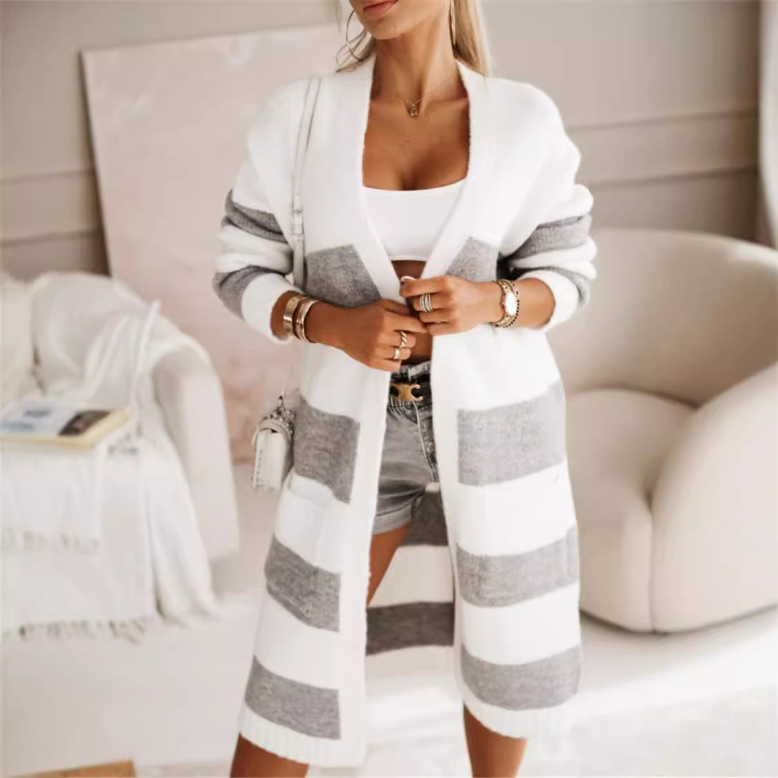 Damen lässiger Strickmantel mit großen Streifen EB