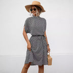 Damen Bogenmuster Kleid mit hohem Kragen und Bindegürtel EB