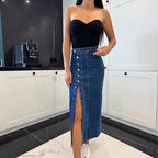 Damen Baumwoll-Denimrock mit Knopfleiste und Schlitz EB