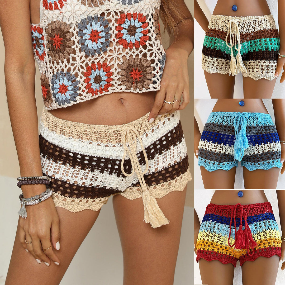 Gehäkelte Damen-Strandshorts mit Kordelzug