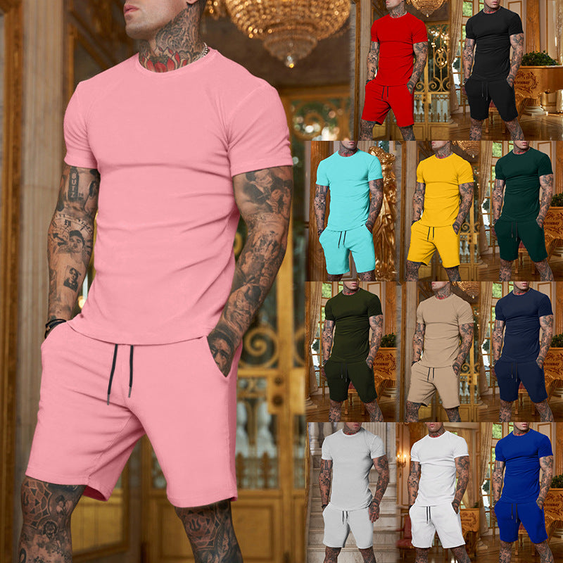 Herren nan schlankes Jersey-Set mit Rundhalsshirt und elastischer Tunnelzug-Shorts EB