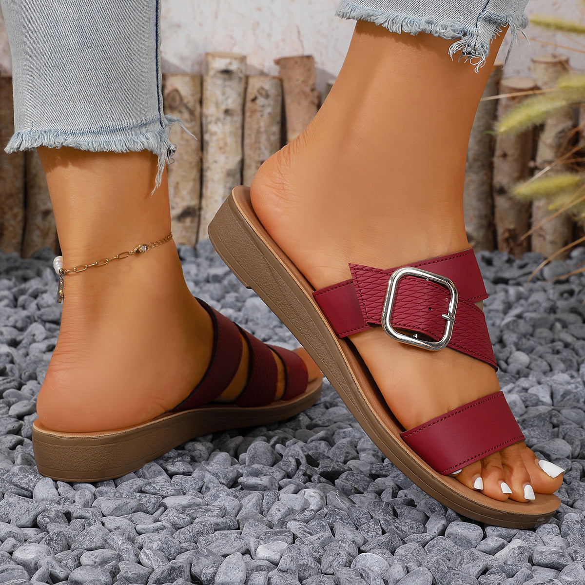 Damen Bequeme Wedge-Pantoletten mit modischem Schnallen-Design EB