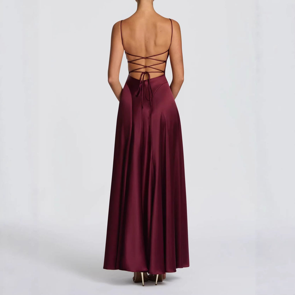 Damen Elegantes Maxi-Kleid mit fließendem Satin und verführerischem Spaghettiträger EB