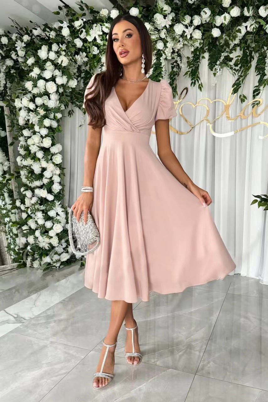 Damen A-Linie Kleid mit Puffärmeln und schmalem V-Ausschnitt EB