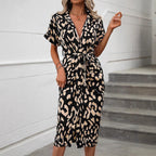Damen elegantes Hemdblusenkleid mit Wickelgürtel und seitlichem Schlitz EB