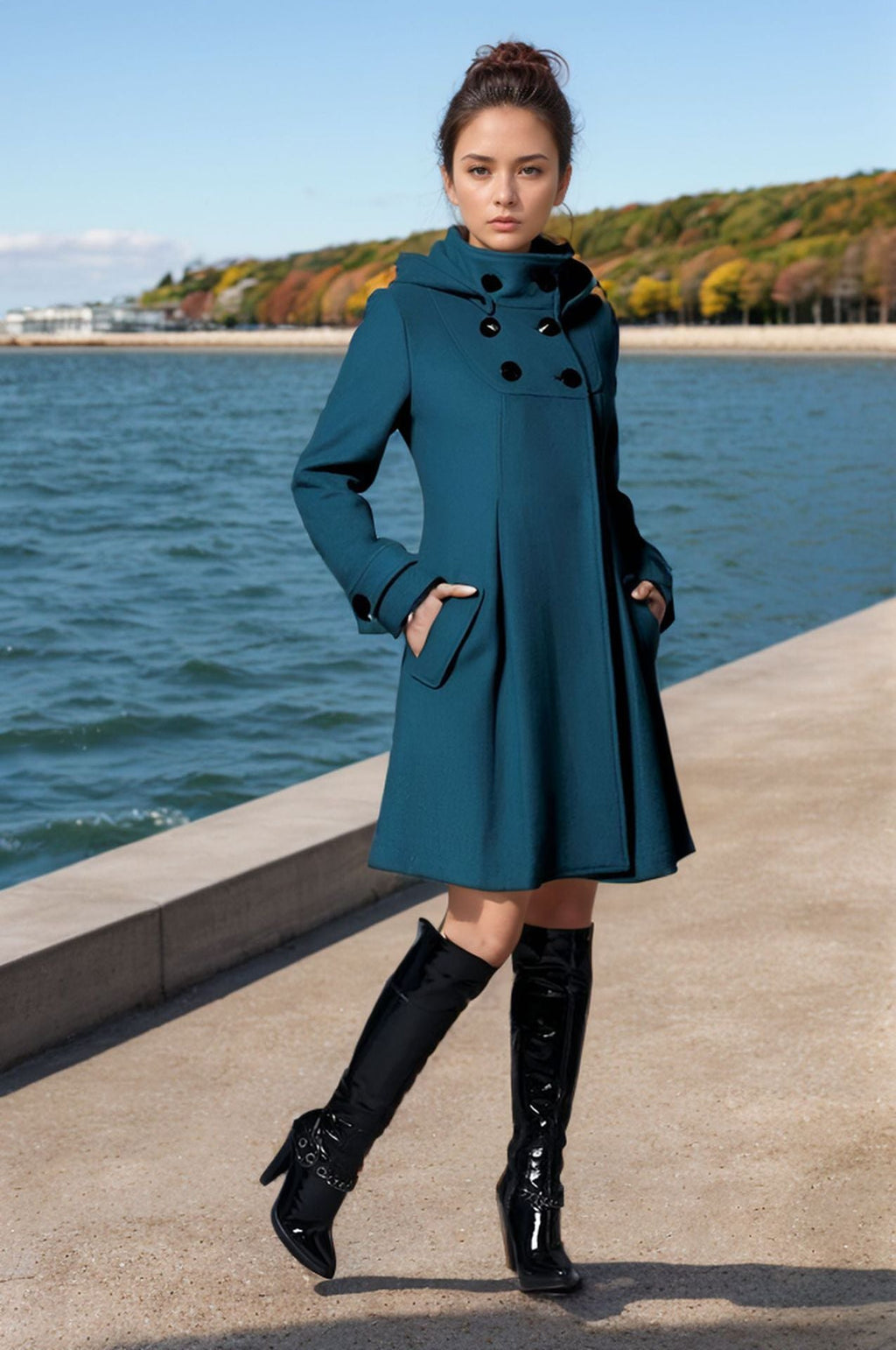 Damen eleganter Wollmantel mit modernem Kragen und praktischen Taschen EB