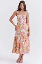 Damen Boho Maxikleid mit romantischem Blumendruck und voluminösem Rock EB