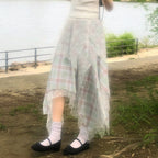 Damen Asymmetrischer Plissee-Rock mit transparentem Chiffonüberwurf und kariertem Design EB