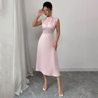 Damen elegantes ärmelloses Midi-Kleid mit drapiertem Ausschnitt EB