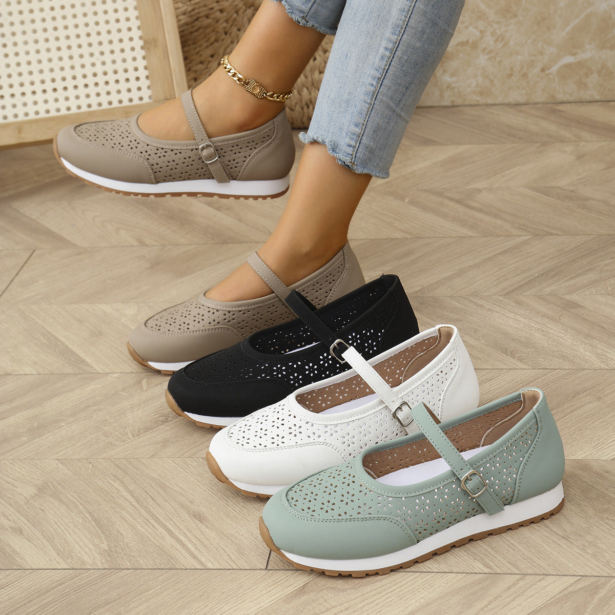 Damen bequeme Ballerinas mit elastischem Riemen und perforiertem Design EB