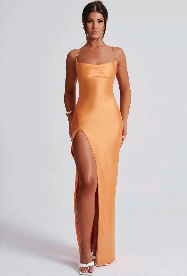 Damen Elegantes Maxikleid mit schmalen Spaghettiträgern und seitlichem Schlitz EB
