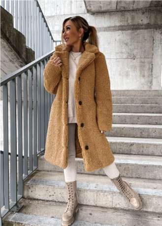 EB | Teddy-Mantel Langer Oversized-Schnitt Weich und Warm Druckknopfverschluss und Breiter Kragen