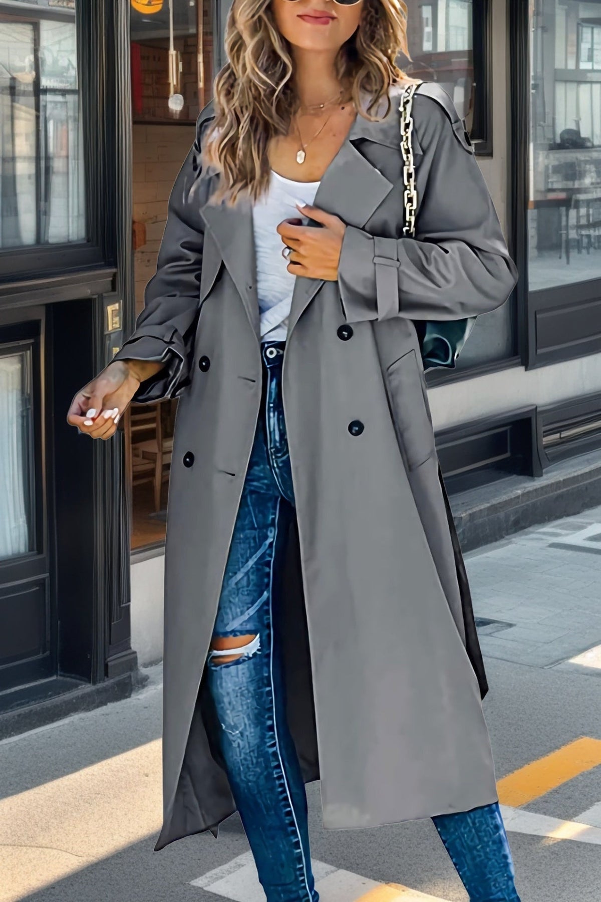 EB | Trenchcoat Relaxed Fit Doppelreiher Gürteltasche Atmungsaktive Mischung