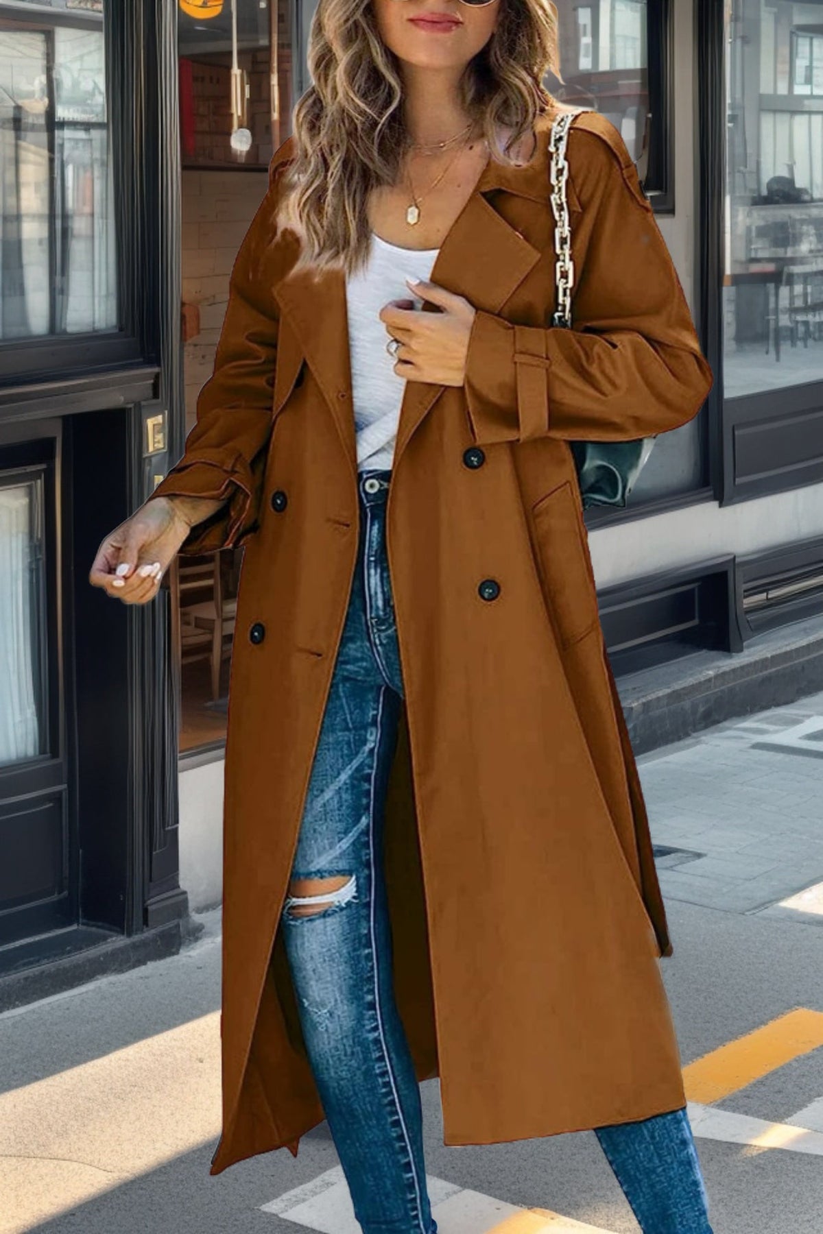 EB | Trenchcoat Relaxed Fit Doppelreiher Gürteltasche Atmungsaktive Mischung