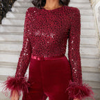 Glitzer-Jumpsuit mit Federn