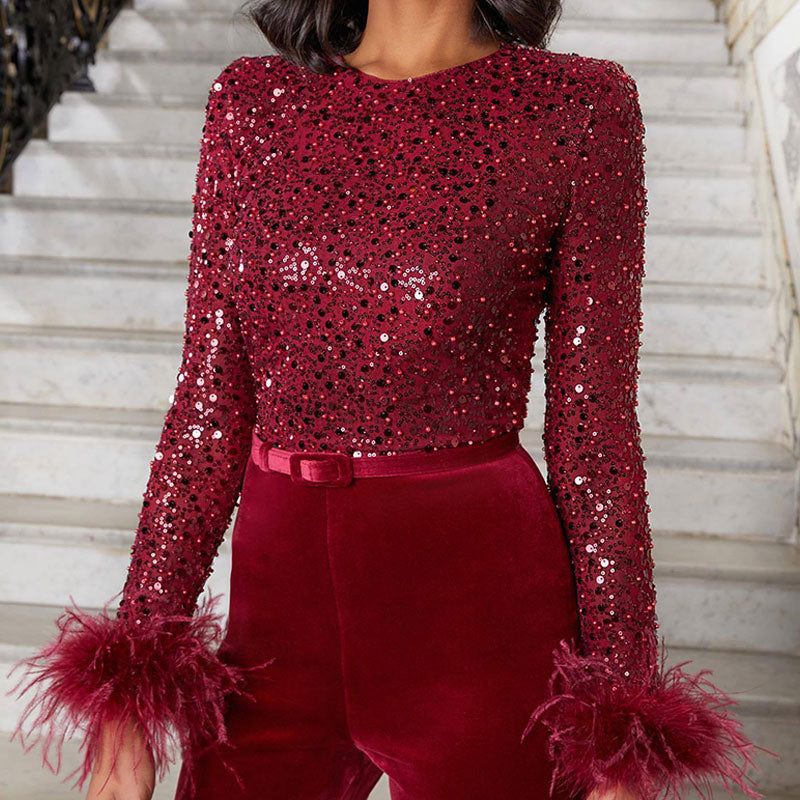Glitzer-Jumpsuit mit Federn