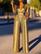 EB Damen Jumpsuit mit V-Ausschnitt und Metallic-Optik