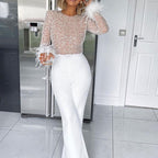 Glitzer-Jumpsuit mit Federn