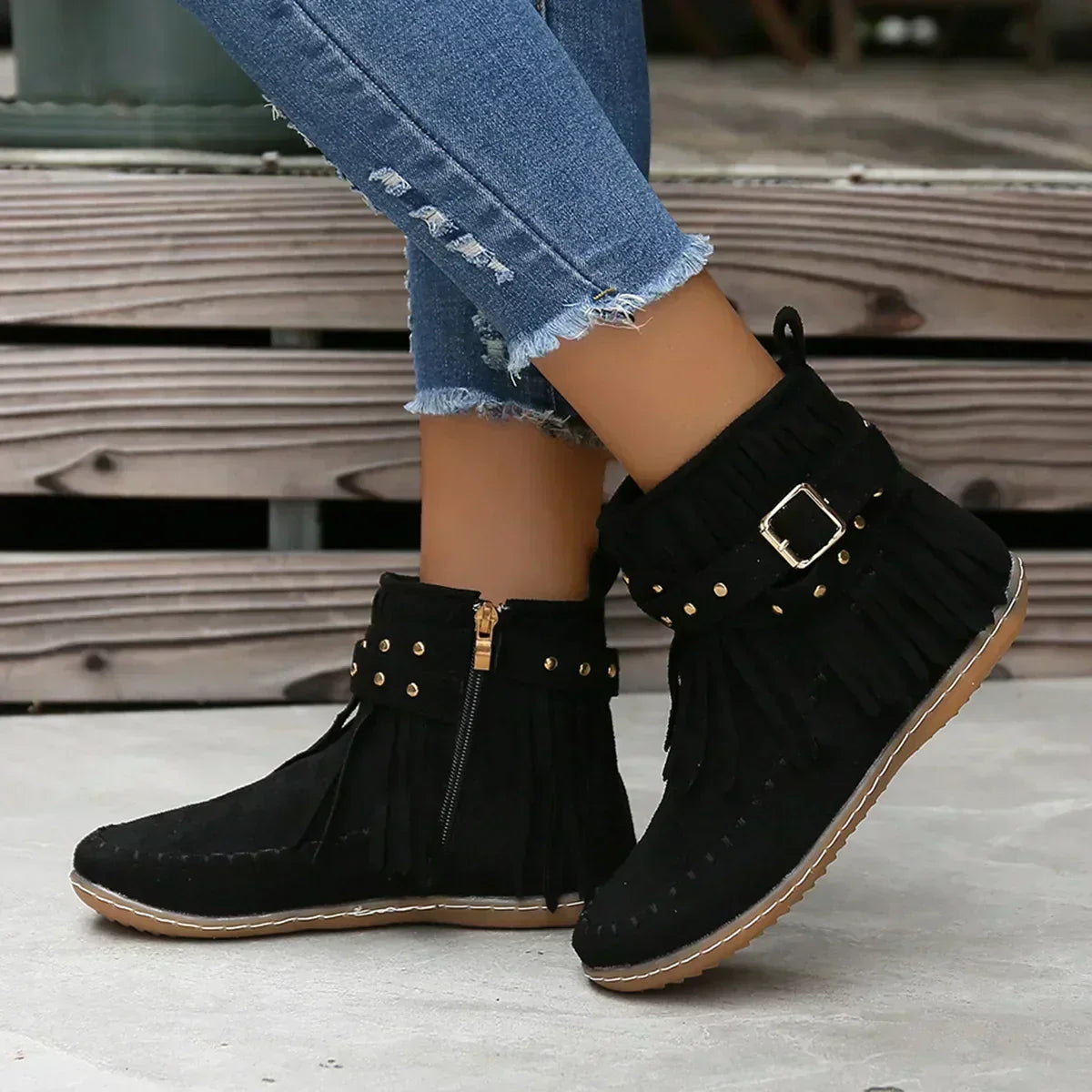 Ankle Boots Mit Fransen Und Nieten EB