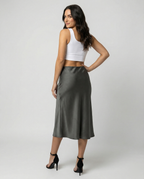 Damen eleganter Satin-Midirock mit fließendem Schnitt und hohem Bund EB
