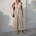 EB | V-Ausschnitt einfarbiger elastischer Overall mit hoher Taille und weitem Bein
