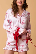 EB | Weihnachten Mode Gedruckte Fliege Oberteil und Elastischer Taillen Rüschenshorts Set