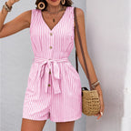 EB | Einfache ärmellose gestreifte Jumpsuit-Shorts mit V-Ausschnitt