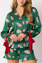 EB | Weihnachten Mode Gedruckte Fliege Oberteil und Elastischer Taillen Rüschenshorts Set