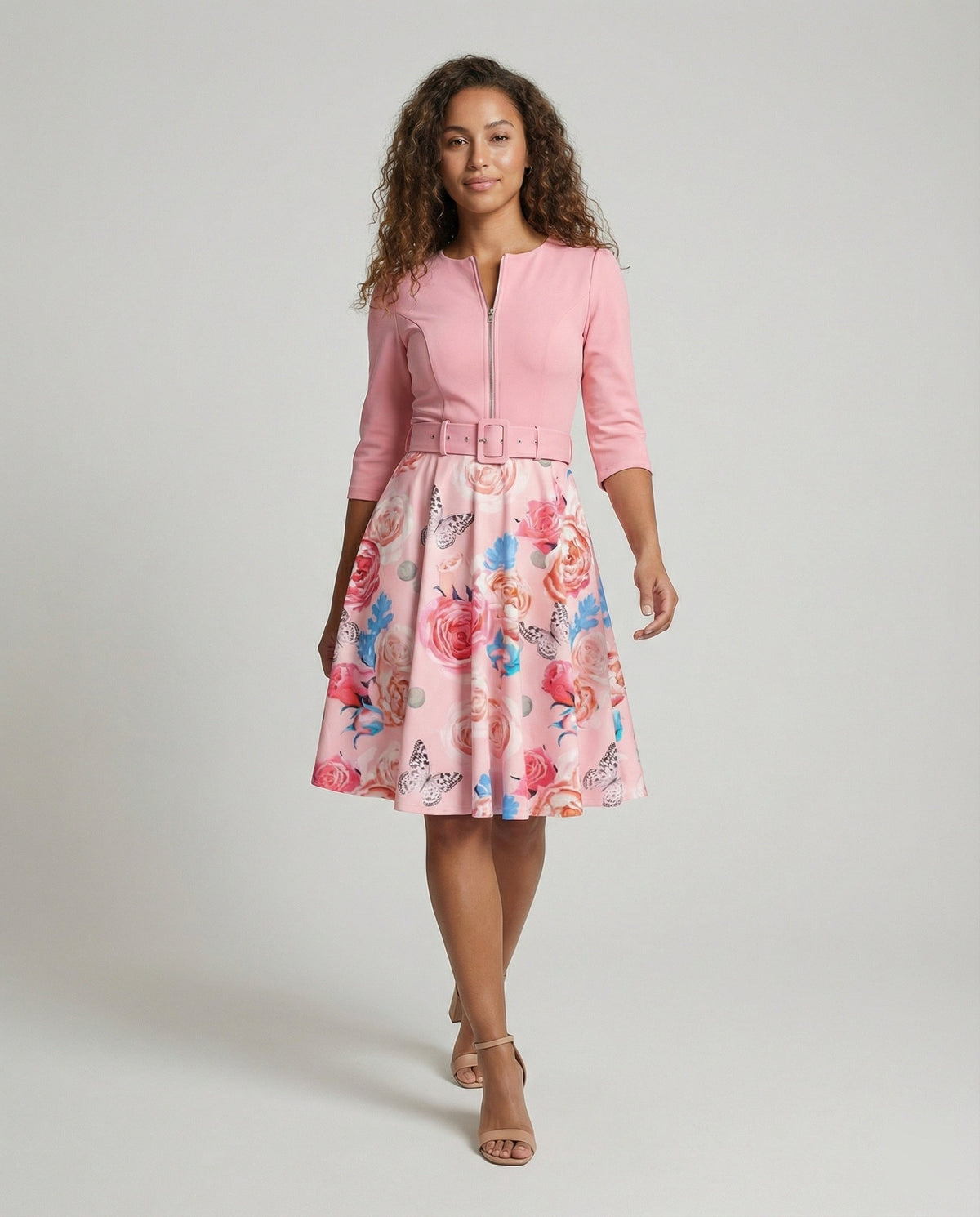 Damen A-Linien Kleid mit tailliertem Gürtel und floralem Muster EB