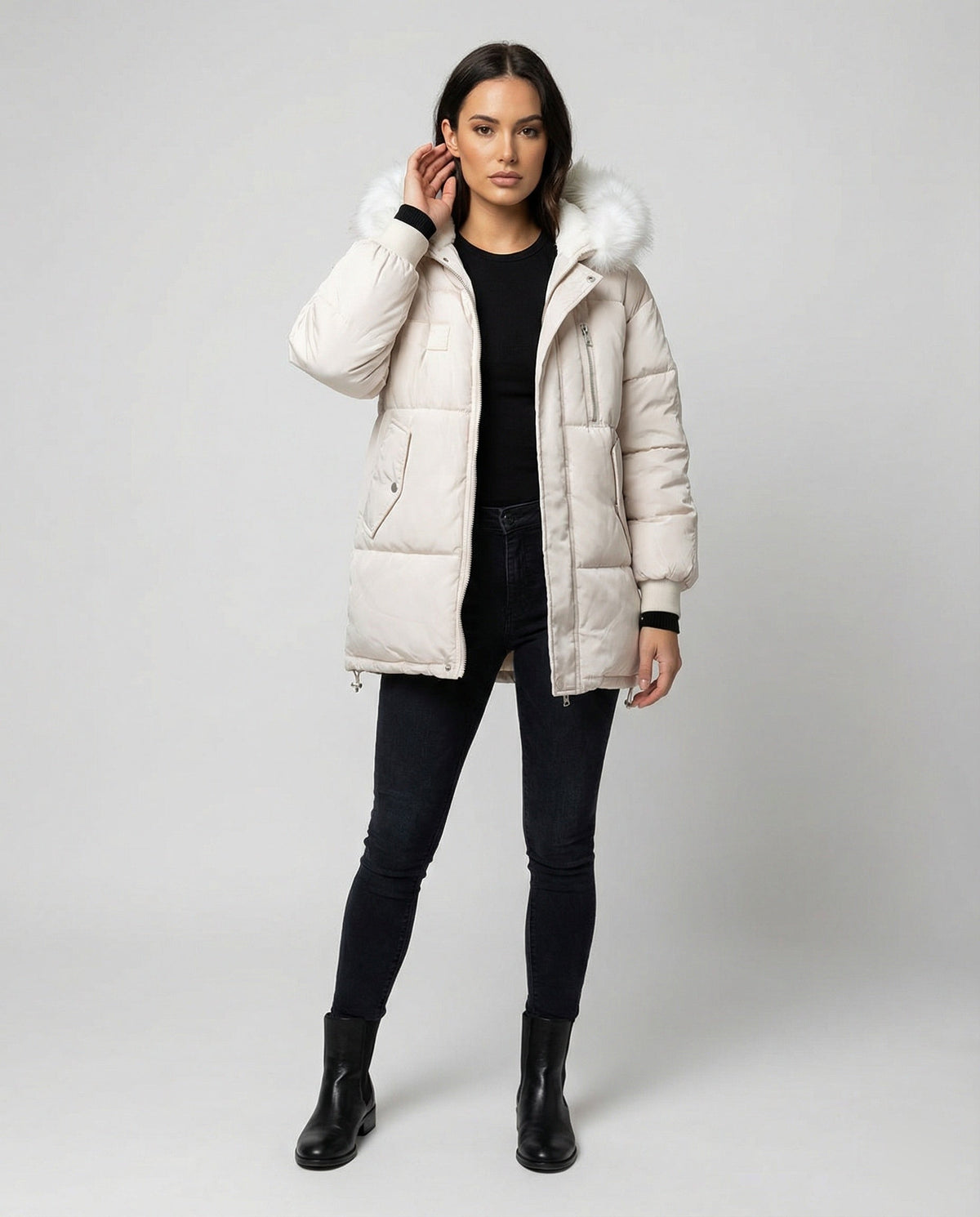 Steppjacke Damen Winter mit abnehmbarem Kunstpelzkragen