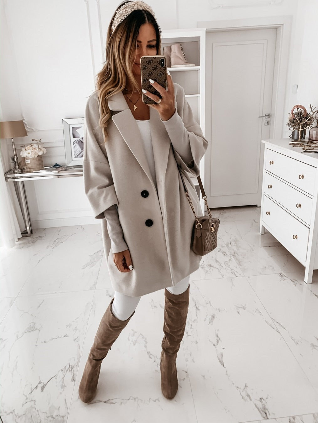 EB | Mantel Wolle Oversized Schnitt Knopfverschluss Dreiviertelarm Klassischer Kragen
