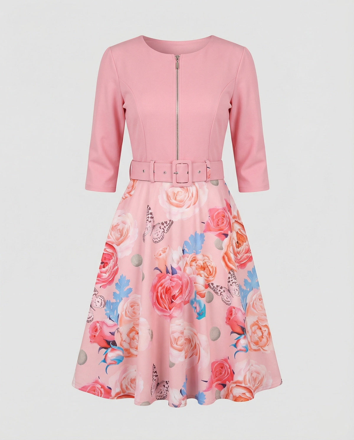 Damen A-Linien Kleid mit tailliertem Gürtel und floralem Muster EB