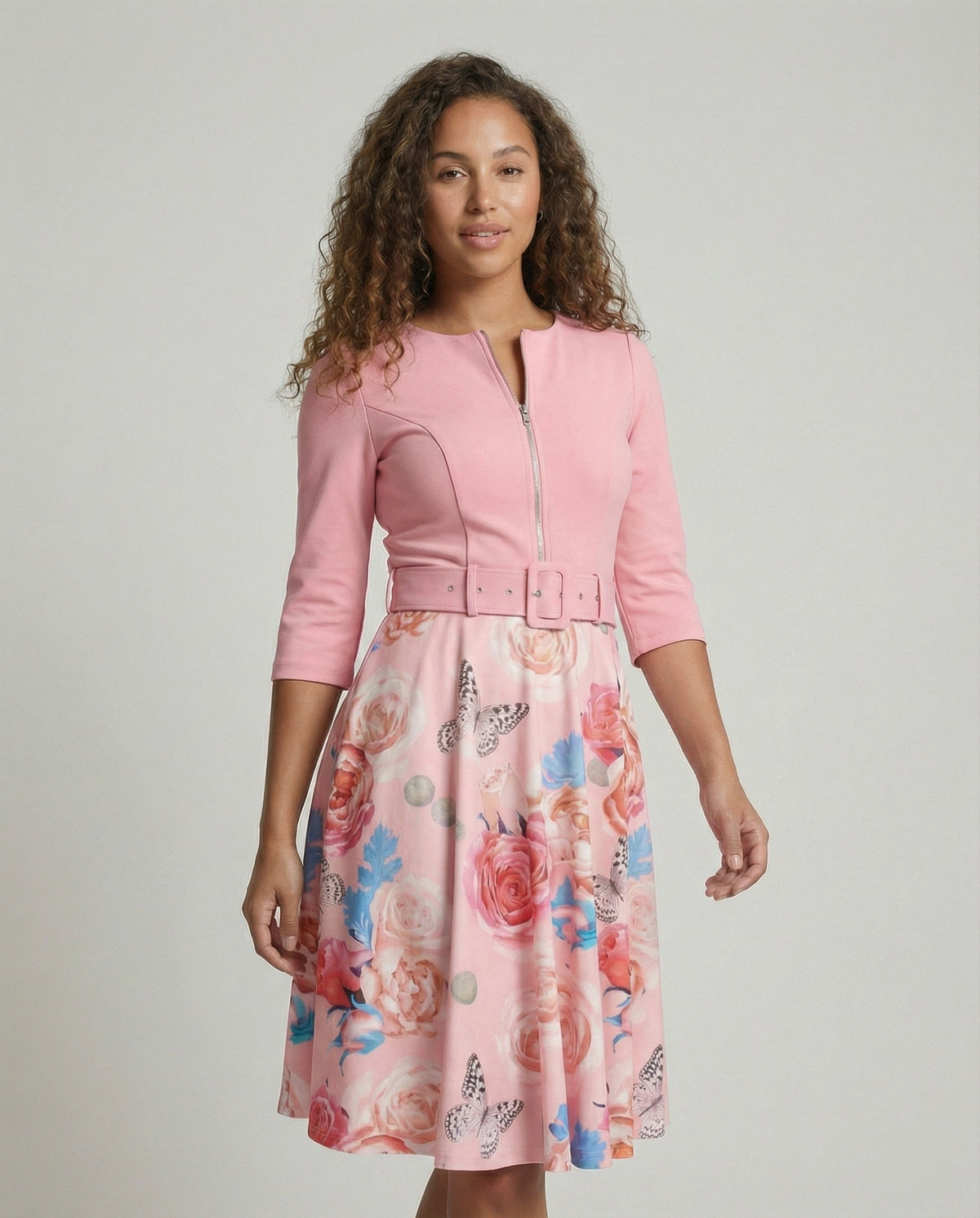 Damen A-Linien Kleid mit tailliertem Gürtel und floralem Muster EB